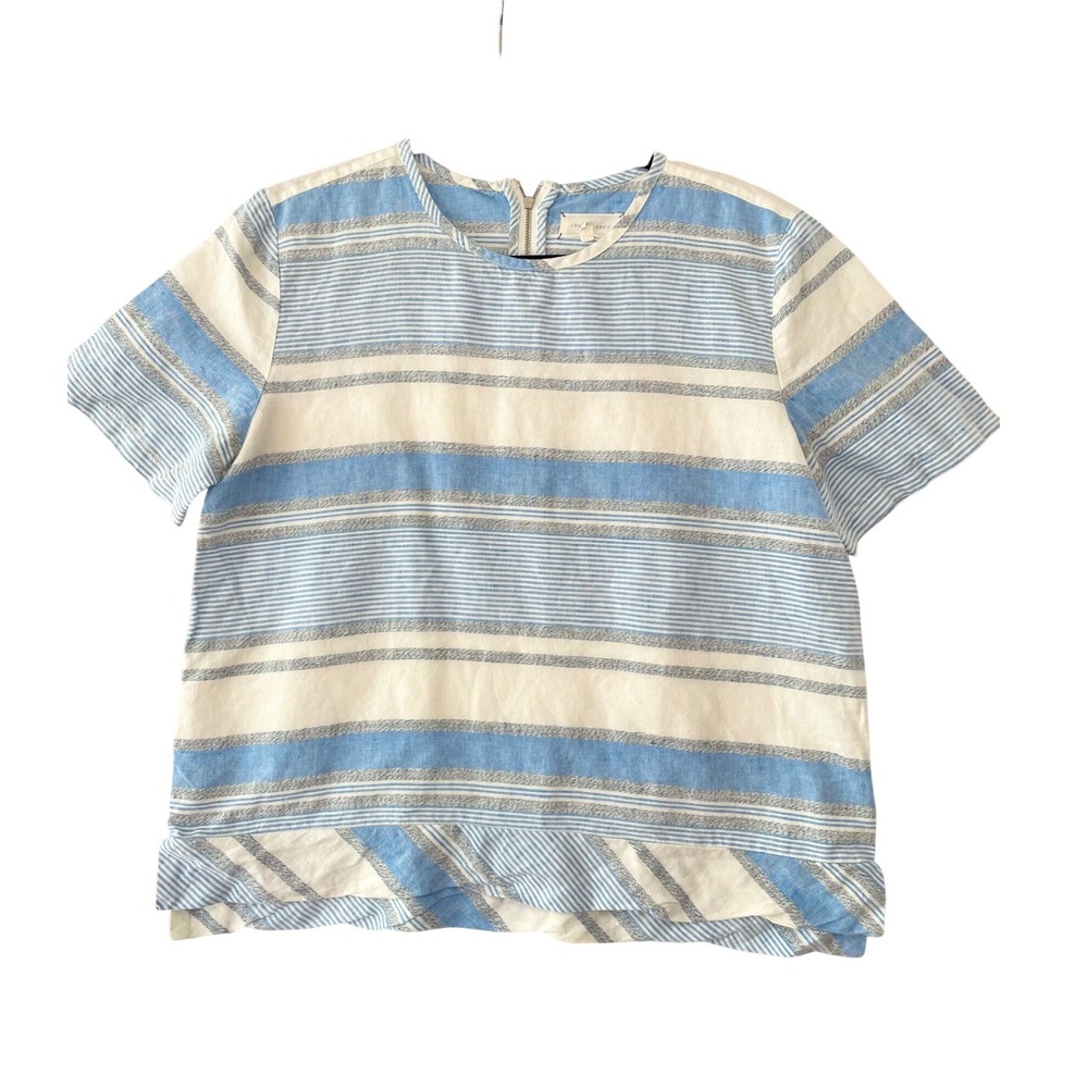 Lou & Grey Striped Linen Blend Top Womens Medium Blue White Ruffle Back Zip